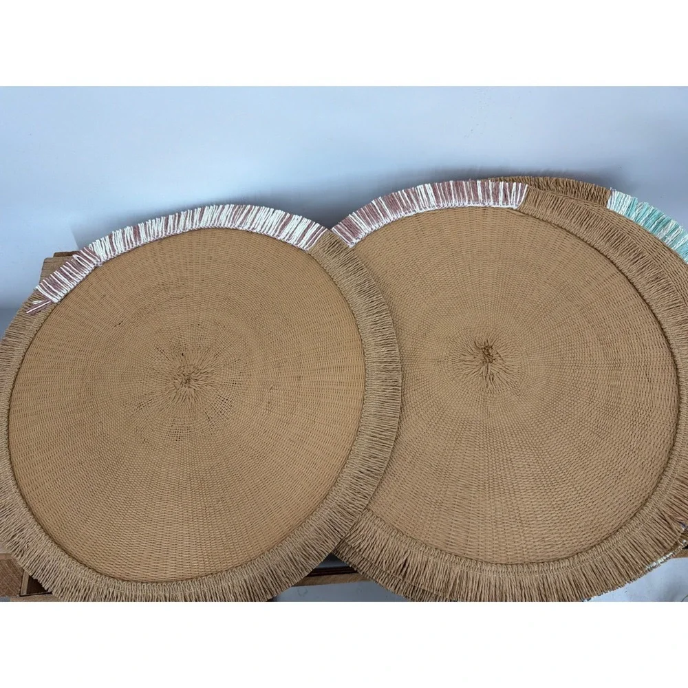 Set of 8 Round Woven Raffia Placemats Boho Fringed Edge Colorful Accents Tan